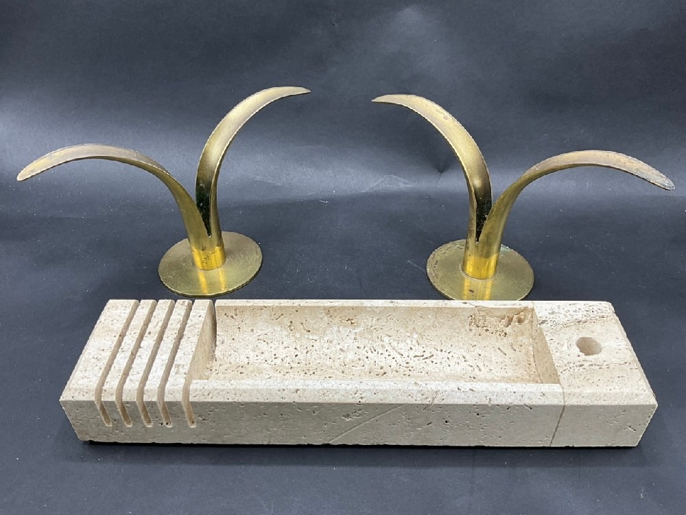 MCM Desk Accessories - 1970s Travertine Letter & Pen Holder w/ 1960s Konst Ystad Lily Brass: MCM Desk Accessories - 1970s Travertine Letter & Pen Holder w/ 1960s Konst Ystad Lily Brass Candlesticks.Dimensions: Candlesticks - 5” x 8” Letter/Pen Holder - 1 3/4” x 12” x 3