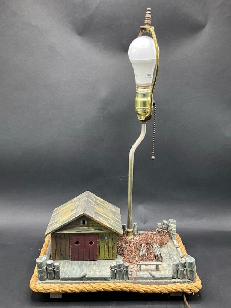 Vintage Fisherman's Shack Table Lamp: Vintage Fisherman's Shack Table Lamp. Hand crafted American Folk Art. c. 1960's or 70's.Condition: Working order. Dimensions: Base - 8” x 13”Height- 20”