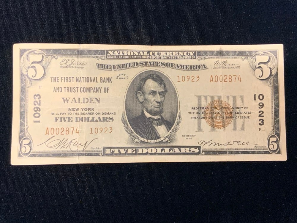 1929 U.S. $5 National Bank Walden,NY Note (1 of 2)