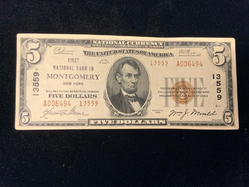 1929 $5 National Bank Montgomery,NY Note (1 of 2)