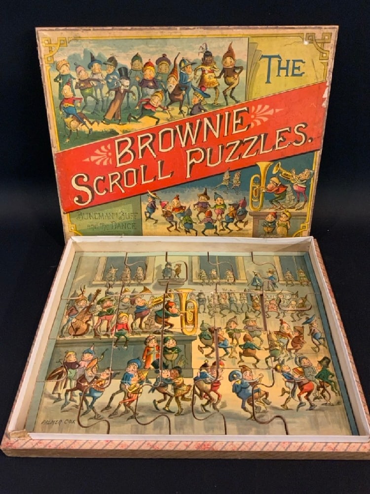 Brownie Scroll Puzzle - Blindman’s Buff and the Dance - Mcloughlin Bros - Illustrator - Palmer (1 of 6)
