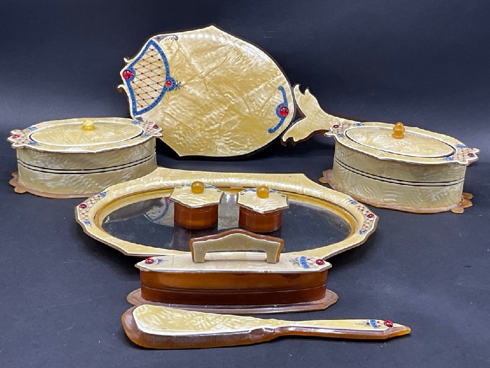 Art Deco Celluloid Jeweled Vanity Set: Art Deco Celluloid Jeweled Vanity Set.Includes: Handheld Mirror, Vanity Tray, Pill Containers, Nail Buffer, Shoe Horn and Two Containers .