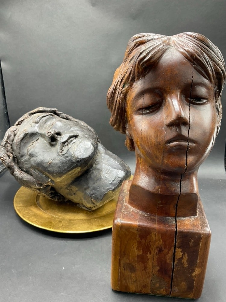 After Auguste Rodin’s “Head of Sorrow?? & Susanne Bianchi Hand-Carved Wooden Bust: After Auguste Rodin’s “Head of Sorrow” & Susanne Bianchi Hand-Carved Wooden Bust. Dimensions: Black - 10” x 13” Wood - 5” x 14”