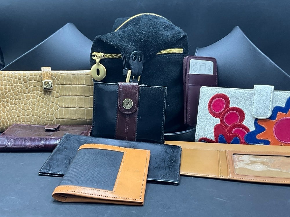 Designer Wallets and Bucket Suede Bag: Designer Wallets and Bucket Suede BagDesigners: Polo Ralph Lauren, Carlos Falchi, Dior, Jon Hart, A “ Magic” Wallet