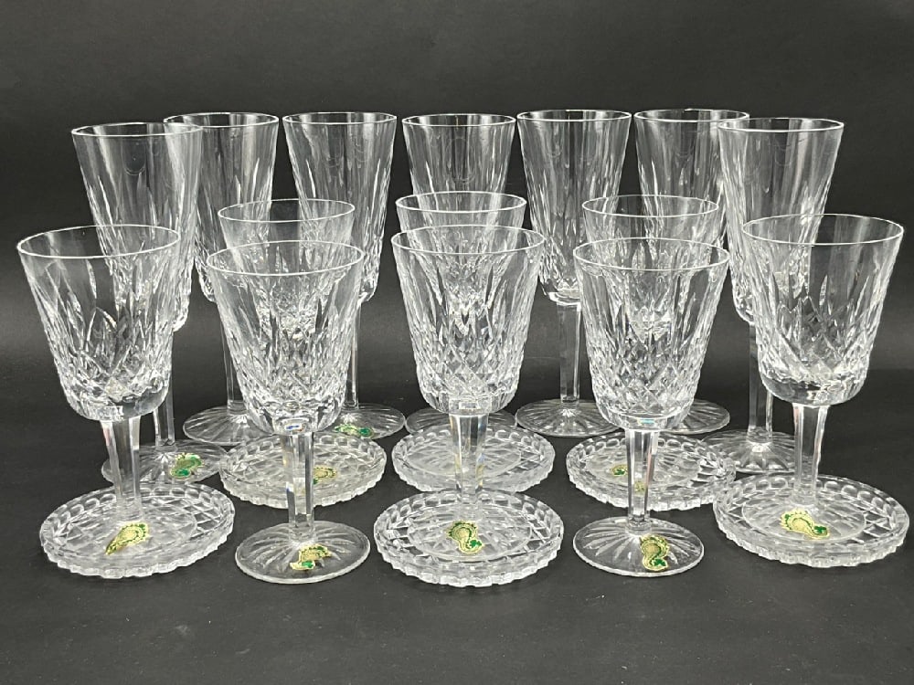 (15) Waterford Crystal Glasses w/ (5) Crystal Coasters: (15) Waterford Crystal Glasses w/ (5) Crystal Coasters. Dimensions: Lg - 7 1/4” Sm - 5 1/2”
