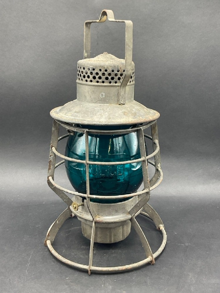 Dressel Police Department Lantern with Original Embossed Blue Glass Globe (1 of 4)