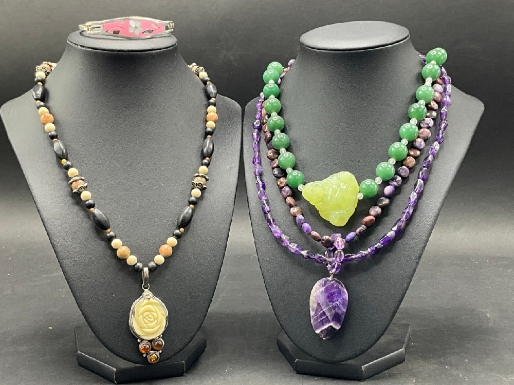Amethyst, Green Jadeite, Multi Stone Necklace with Sterling Bracelet: Amethyst, Green Jadeite, Multi Stone Necklace with Sterling Bracelet
