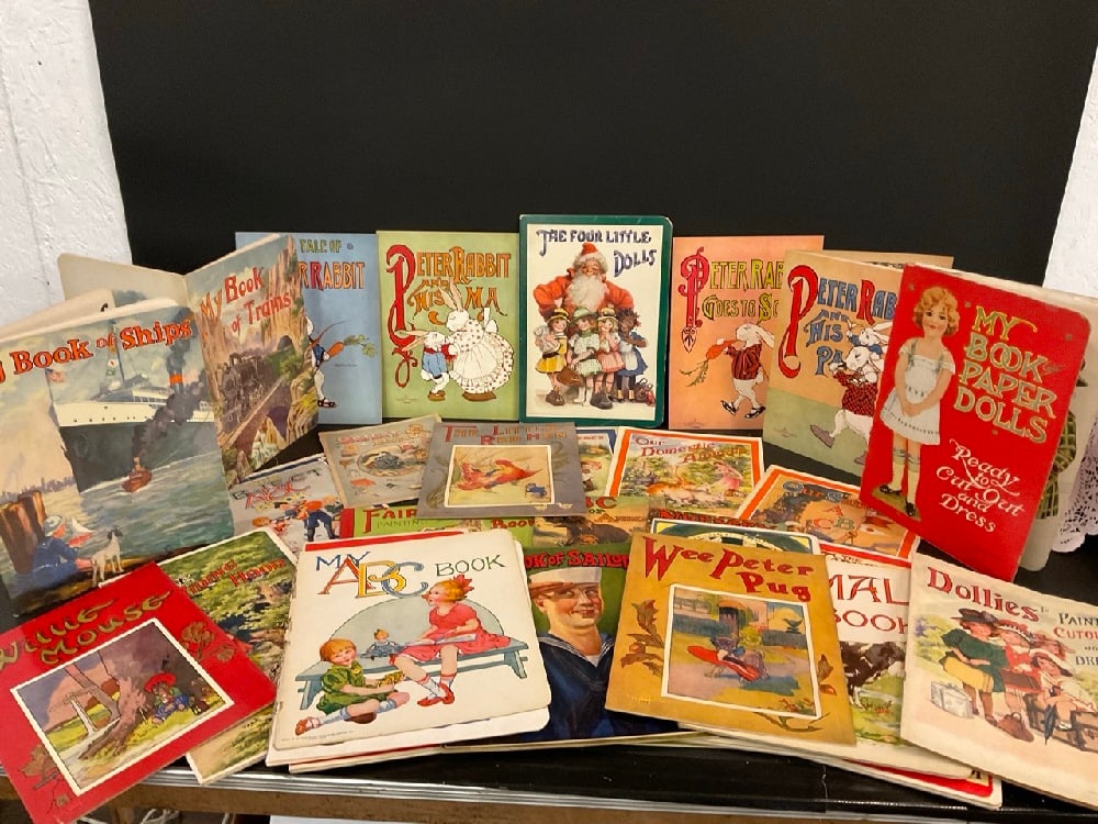 Huge Lot of (32) Saalfield Publishing Co. Antique Children’s Reading, Coloring & Paper Doll Books: Huge Lot of (32) Saalfield Publishing Co. Antique Children’s Reading, Coloring & Paper Doll Books. 1908 - 1920. The Tadwinkle Twins, Goldilocks, Little Red Riding Hood, Little Black Sambo, (4) Peter