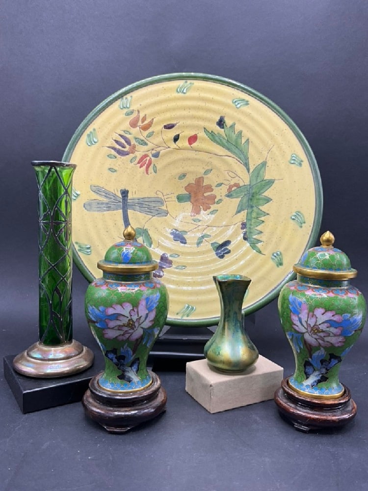 Collectibles Lot w/ Libeloule Plate, Chinese Cloisonné Jars, Art Nouveau Vases (1 of 7)