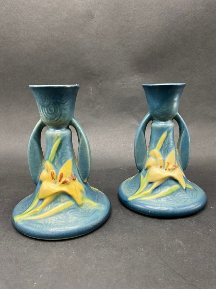 (2) Roseville Pottery Candlesticks - Zephyr Lily (1 of 5)