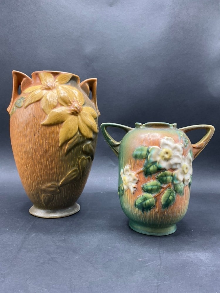 (2) Roseville Pottery Vases - White Rose & Clematis (1 of 5)
