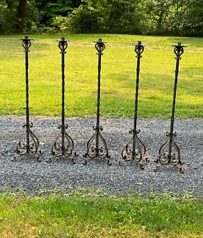 Five (5) Free Standing Wrought Iron Gothic Candle Stands: Five (5) Free Standing Wrought Iron Gothic Candlestick Candle Stands. Dimensions: 51” x 17” each.