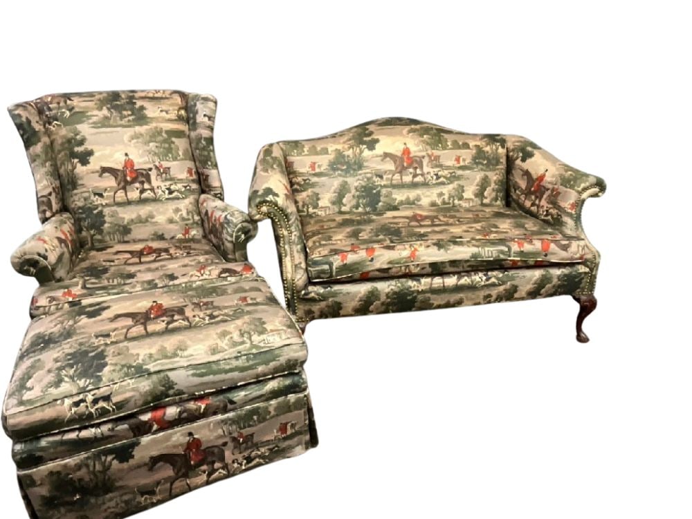 Sofa, Armchair and Ottoman Engllish Fox Hunt Print Upholstery (1 of 7)