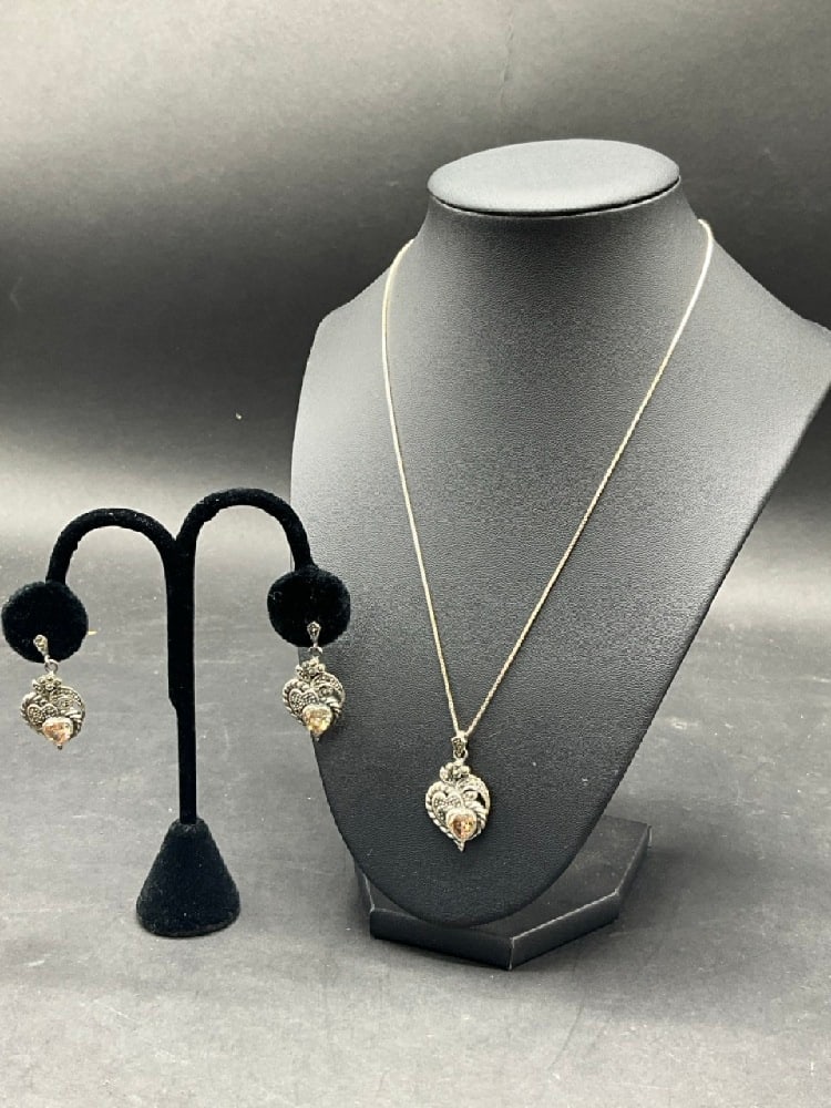 Sterling Silver Marcasite Earrings And Necklace: Sterling Silver Marcasite Earrings And Necklace. Dimensions: 18”L