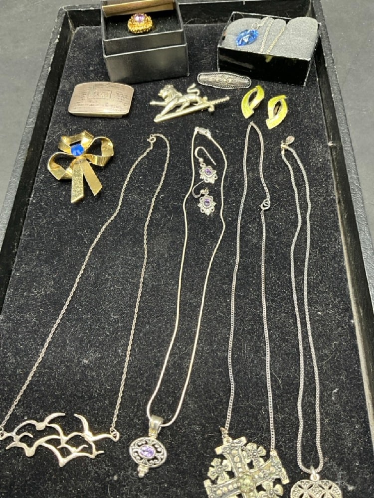 Estate Compiled Sterling Silver Jewelry: Estate Compiled Sterling Silver Jewelry. Including Necklaces, Earrings, Pins, Belt Buckle Etc. As seen in photograph preview.