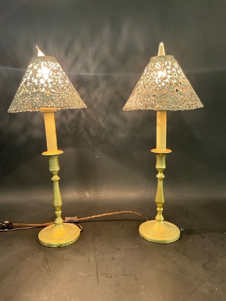 A Pair, Brass Candlestick Lamps with Metal Openwork Shades (1 of 6)
