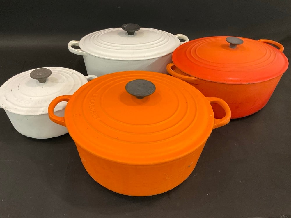 Four (4) Piece Vintage Le Crueset Cookware: Four (4) Piece Vintage Le Crueset Cookware. Well seasoned. Please see photograph preview.