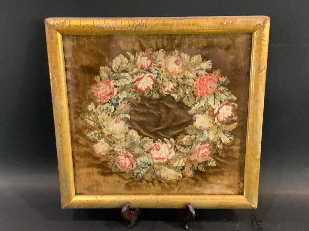 Antique Floral Needlepoint Wreath on Velvet: Antique Floral Needlepoint Wreath on Velvet. Dimensions: 11” x 11 1/2”