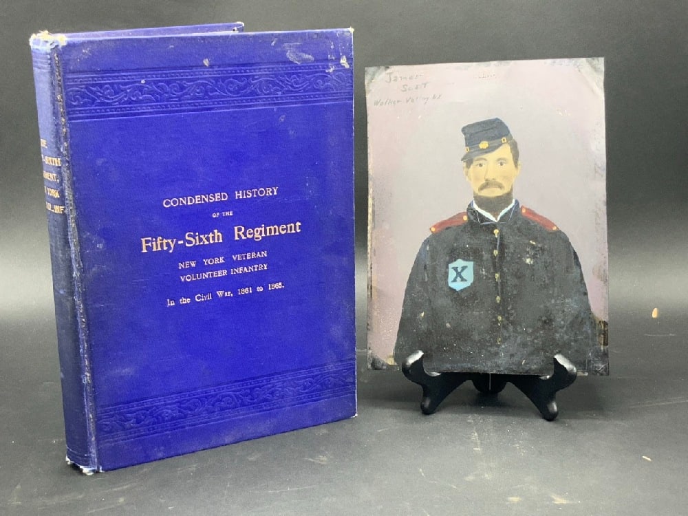 Hand Colored Civil War Identified Soldier Tin Type and 56th Regt. Book: Condensed History of the Fifty-Sixth Regiment - New York Veteran Volunteer Infantry in the Civil War, 1861 to 1865 by Joel C. Fisk & William H.D. Blake - Members of the Regiment. 1906 Newburgh Journal