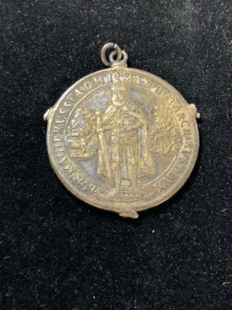 1603 Silver Thaler Teutonic Order (German States): 1603 Silver Thaler Teutonic Order (German States).Ex Jewelry Made Into Pendant Total weight: 28.25 Grams40mmMaximillian 1 (1590-1618)