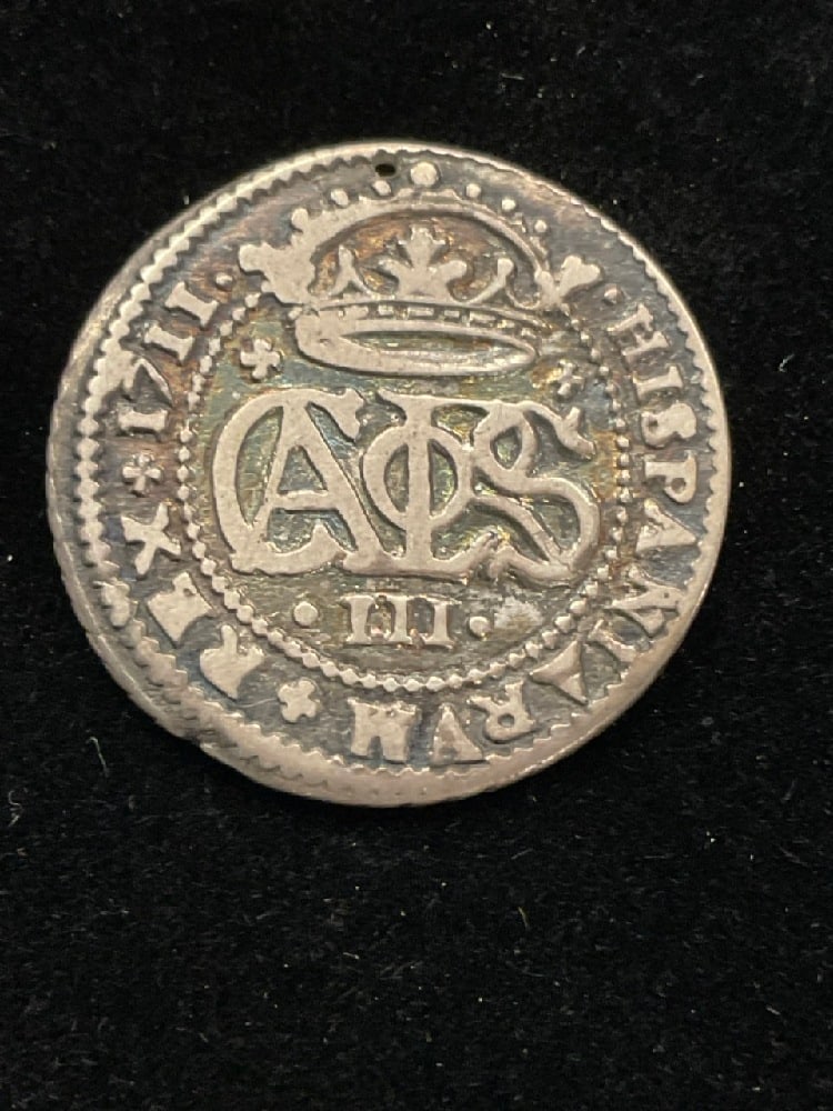 1711 Spanish 2 Reales: 1711 Spanish 2 Reales.Charles lll (1705-1714)91.3% Silver5.7 GramsBarcelona Mint Emergency IssueCoin is Holed