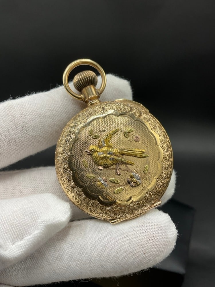 Elgin 15 Jewels 14K Yellow Gold Pocket Watch Hunt Case w/Bird (1 of 10)