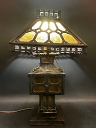 Arts and Craft Iron and Slag Glass Electrified Oil Lamp. Dimensions: 20?? H x 11?? W x 11?? D.: Arts and Craft Iron and Slag Glass Electrified Oil Lamp. Dimensions: 20” H x 11” W x 11” D.
