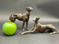 A Pair, Early 1900's Bronze Greyhound Dog Sculptures: A Pair, Early 1900's bronze greyhound dog statues. Dimensions: 5 1/2” x 7” .