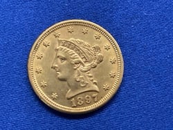 1897 2 1/2 Dollar U.S. Liberty Head Gold Coin: 1897 2 1/2 Dollar U.S. Liberty Head Gold Coin.90% gold purity. Total weight: 0.1209 troy ounces.