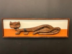 A Large Whitco c.1960's Carved Wood Wall Art Cat: A Large Whitco c.1960's Carved Wood Wall Art Cat. Dimensions: 14" X 48"