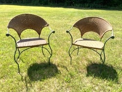 A Pair, Wrought Iron and Wicker Arm Chairs (1 of 5)