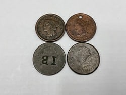 Lot of 4 U.S. Large Cents: Lot of 4 U.S. Large Cents.Draped Bust No Date With Counterstamp1808 Key Date Damaged 1840 Holed1848