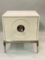 Jonathan Adler "Channing" Bedside Stand: Jonathan Adler "Channing" Bedside Stand. Damaged right side corner, showing repair. Please see photograph preview. Dimensions: 26” x 23” x 20”
