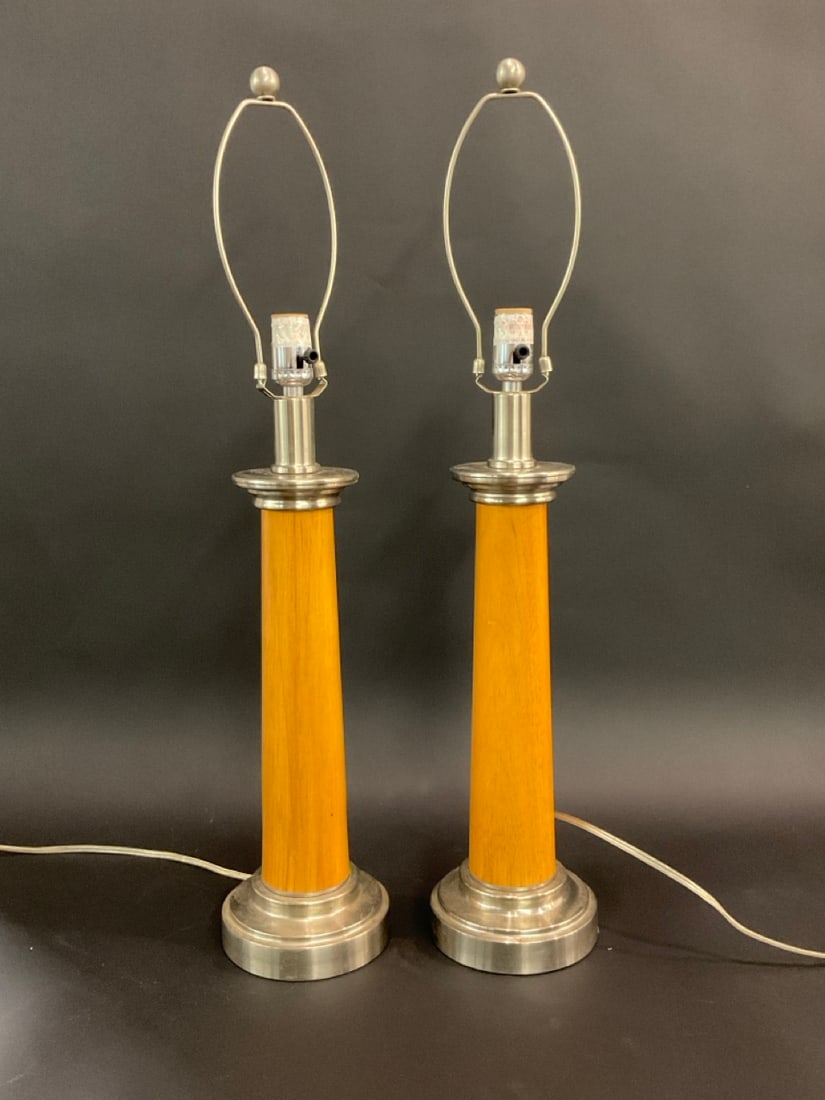A Pair, Solid Wood Contemporary Table Lamps: A Pair, Solid Wood Contemporary Table Lamps.Dimensions: 30” x 6”