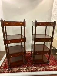 A Fine Pair Signed Old Hickory Chair Company Four Tiered Regency Etagere Stands: A Fine Pair Signed Old Hickory Chair Company Four Tiered Regency Etagere Stands. Mahogany hardwood with brass hardware. Dimensions: 58” x 22” x 21”