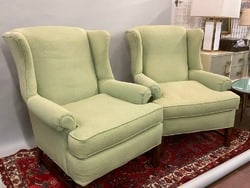 A Pair of Chippendale Style Upholstered Wingback Chairs: A Pair of Chippendale Style Upholstered Wingback Chairs. Very good condition. Contemporary. Chairs include arm covers (not photographed).Dimensions: 40” x 33 1/2” x 37 1/2”