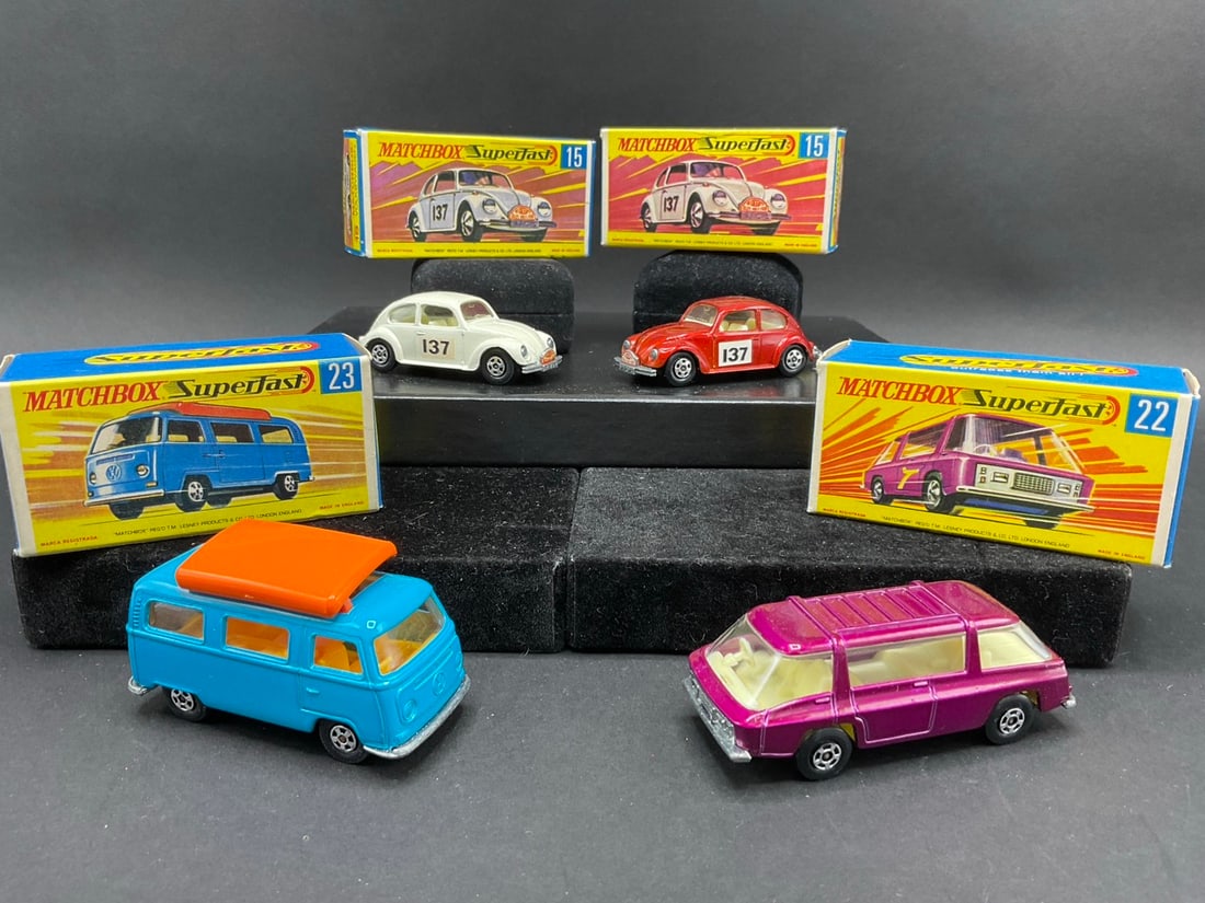 Four (4) Matchbox Superfast Cars: Four (4) Matchbox Superfast Cars . - (2) #15 - Volkswagen, #22 ? Freeman Inner ? City Commuter, #23 - Volkswagen camper. Selling an Estate Collection of Matchbox Cars. Collecting Began Decades Ago. Pr