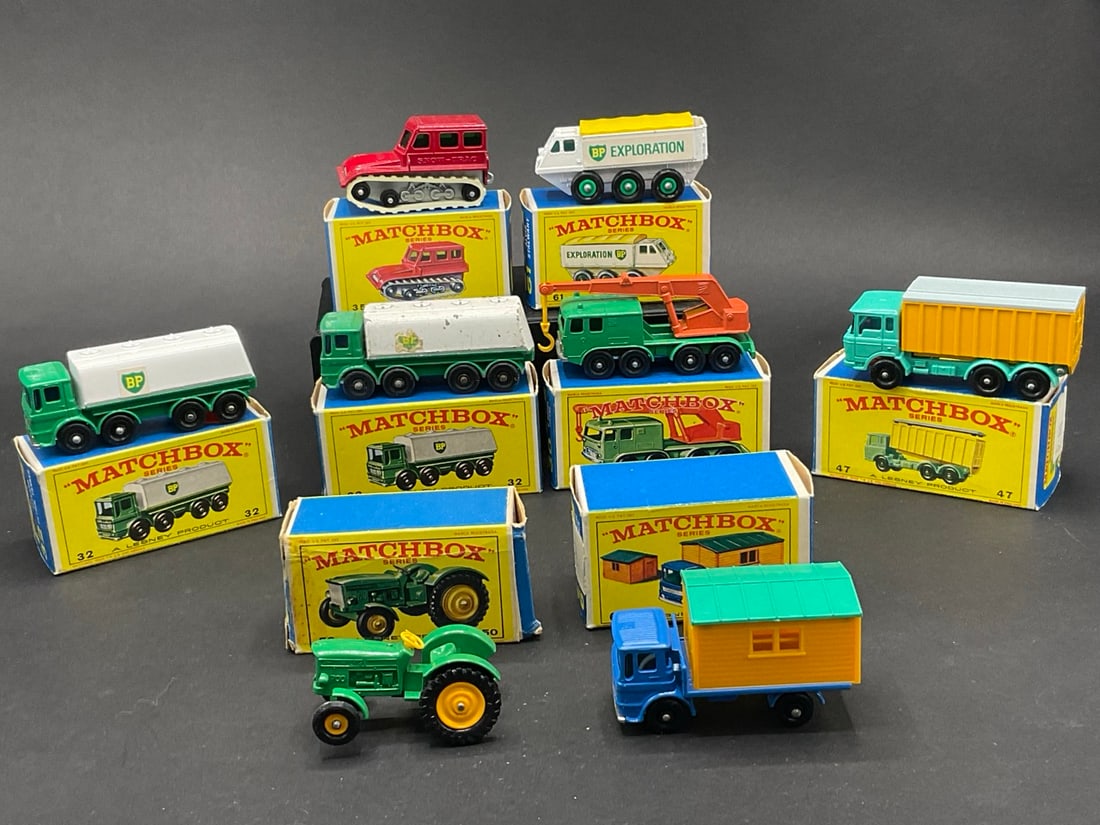 Eight (8) Vintage Matchbox Series Cars: Eight (8) Vintage Matchbox Series Cars; #50 John Deere-Lanz Tractor, #35 Snow-Trac, #30 8-Wheel Crane, #47 D.A.F Tipper Container Truck, #32 Leyland Petrol Tanker (2) , #60 Truck with Site Office, #61
