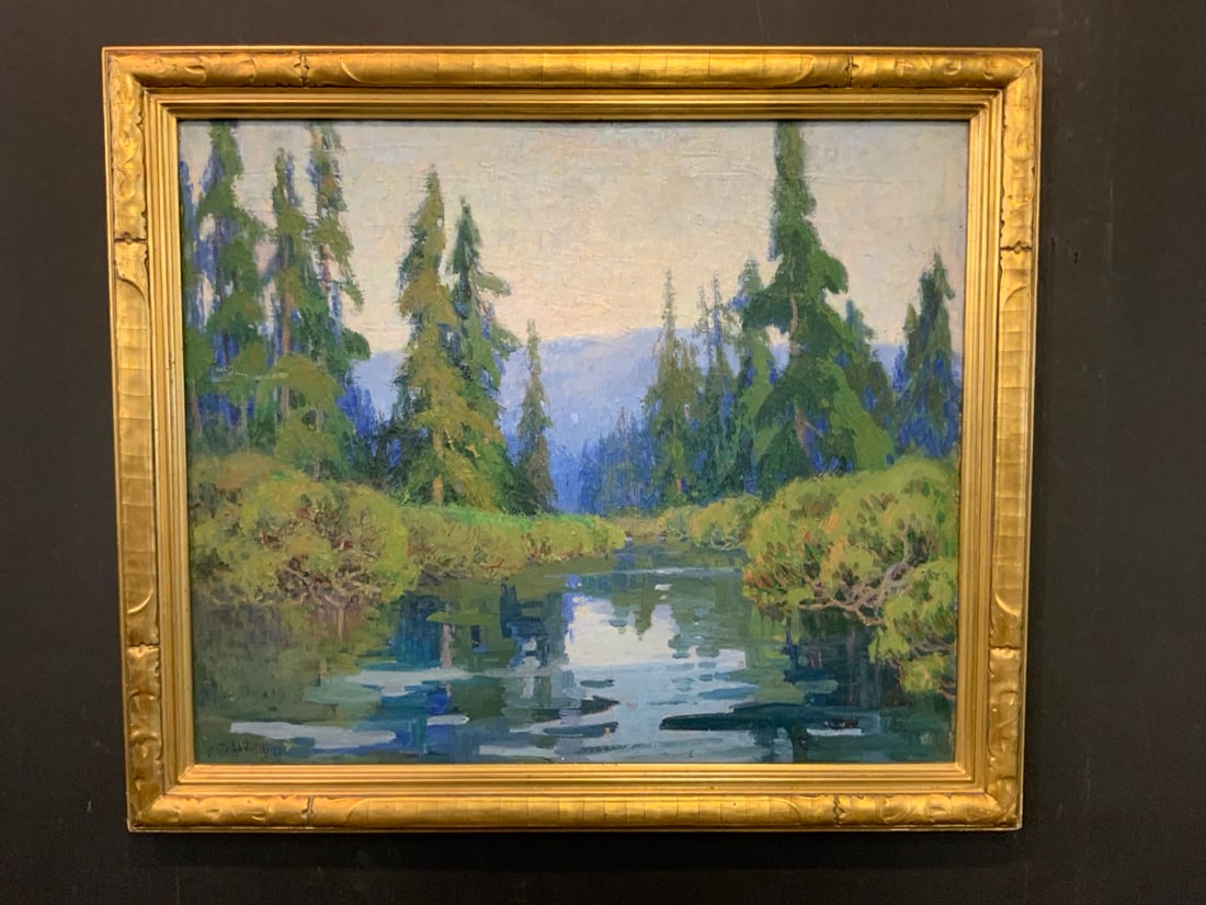 Kate A. Williams (American 1877-1939) ?Mountain Lake? Painting: Kate A. Williams (American 1877-1939).Oil on canvas. Untitled: ?Mountain Lake? Signed lower left. Housed in a gold gilt hardwood frame. Some crackling to frame noted. Please see photograph preview.