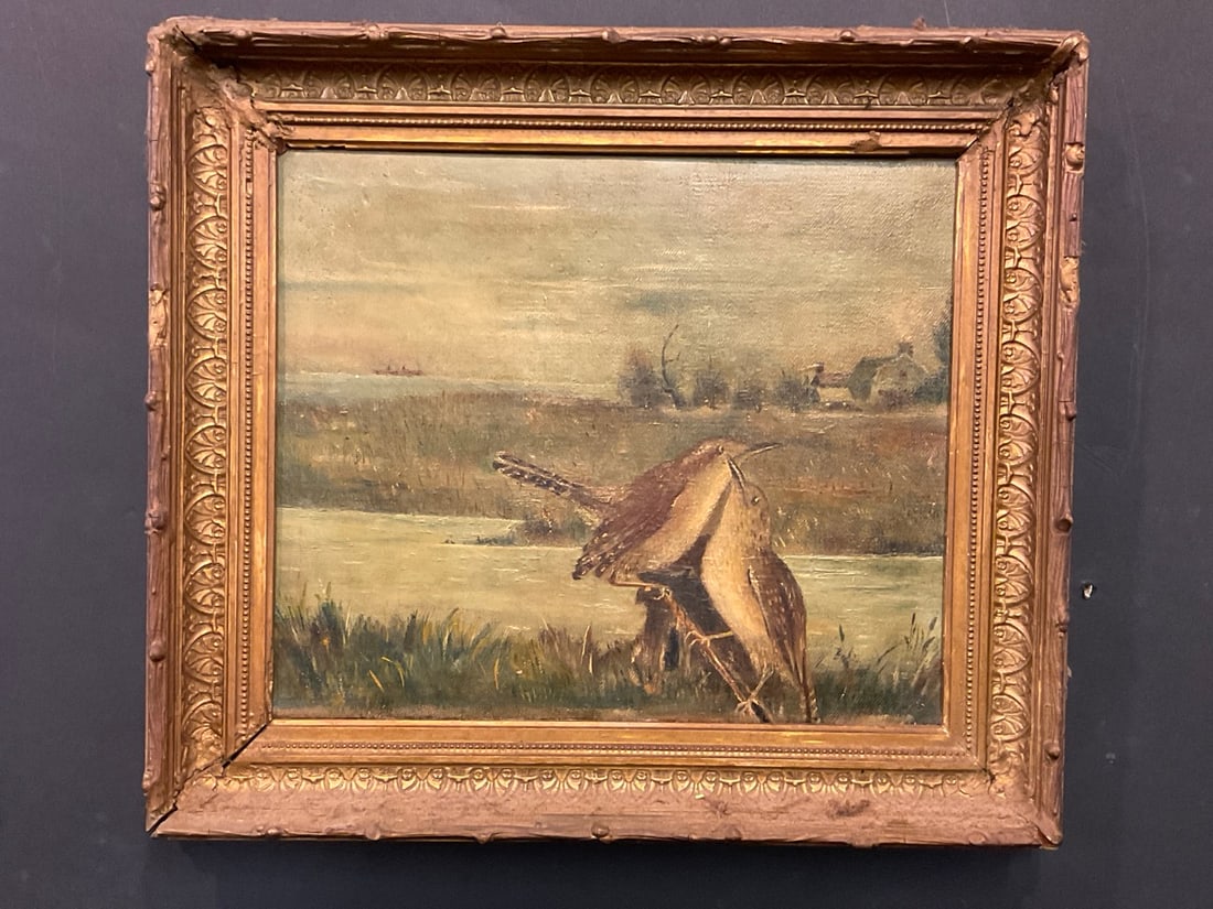 L. Mabel Smith (American, 19th c.) Mating Birds in Marsh: L. Mabel Smith (American, 19th Century) Untitled: New England Marsh Scene Oil On Canvas.Dimensions: 9? x 10 1/2? and 12? x 14?