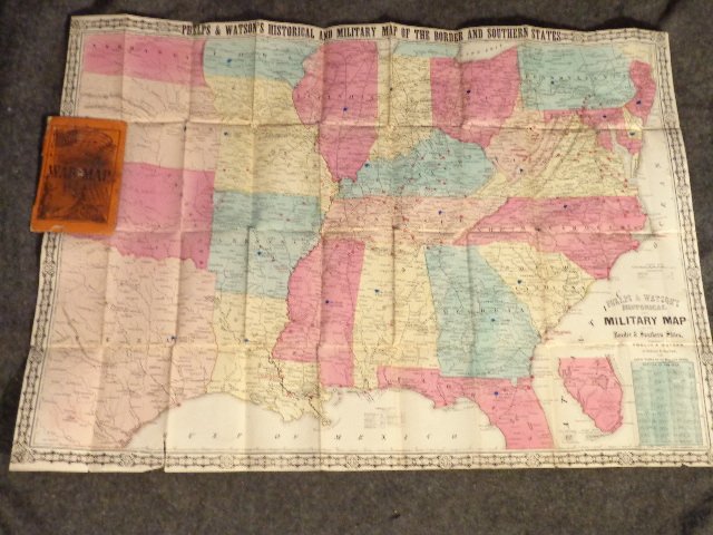 Phelps & Watson Historical and military map of the: Phelps and Watson: Historical and military map of the border and Southern states, hand-col. NY:1864 Scale: 90 statue miles Dimensions: 23 3/4" X 33 3/4". Note: Price 50 cents for the benefit of a One 