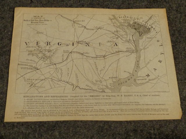W.R. Barry; Battle of Bull Run, Stone Bridge or: barry (Brigadier General, Chief of Artillery) W.R. map to illustrate the battle of Bull Run, Stone Bridge or Manassas Plains. Dimensions: 6 1/2" X 10 5/8" Inv.5