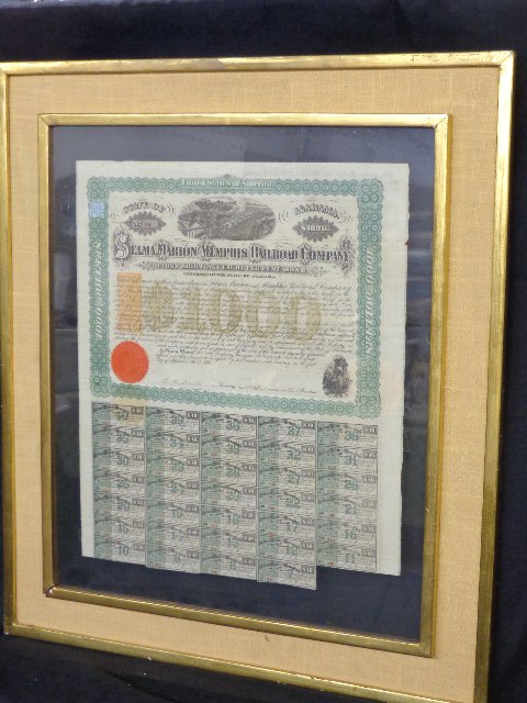 Nathan Bedford Forrest Double Signatures Railroad Bond: NATHAN BEDFORD FORREST (1821-1877) Signed twice on Front and Reverse. Selma Marion Memphis Railroad Company "First Mortgage 8% Bond" $1000. Uncancelled and very fine. In a double glass display frame f