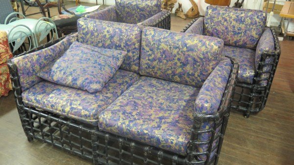 Mid Century Black Rattan Sunroom Set: A Mid Century high quality black rattan sunroom set, consisting of Sofa and Two chairs.