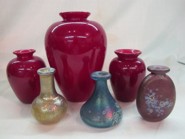 6pc. Studio Art Glass Grouping.. Carlson & Peiser: 6pc. Studio Art Glass Grouping.3 Carlson Studios Ruby Red Vases3 c.1970 Mark Peiser Miniature VasesMeasurements smallest at 3" and Tallest 7"