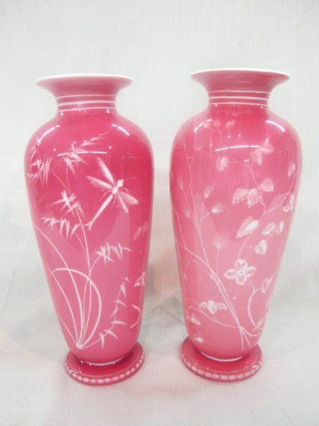 Pair English Cameo Glass Vases attrib. Thomas Webb: A Fine pair of English Cameo glass vases attribluted to Thomas Webb, late 19th century. Decorated wtih dragonflies. Dimensions:9.5"h X 4"w Provenance: Estate of Mr. HJ Gerston
