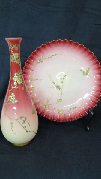 2 Webb Gold Decorated Peach Blow Plate & Vase: Two Thomas Webb attributed Peach Blow charger and vase with gold decoration. In pristine condition.Vase Dimensions:10"hPlate Dimensions:9" dProvenance: Estate of Mr. HJ Gerston