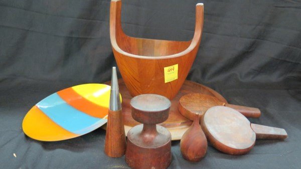 Mid Century Danish Kitchenware, Dansk..: A Grouping of mid century Danish kitchenwares including Dansk cutting board and bucket and various mills, paddles and enameled dish as seen in photograph preview. Provenance: Estate of Mr. HJ Gerston.
