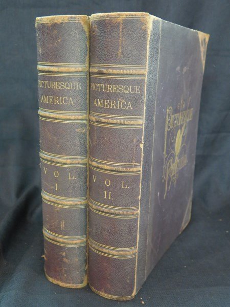 Picturesque America or the Land we live in. Illustrated: Picturesque America or the Land we live in. Illustrated on steel and wood by eminent American artist. Edited by William Cullen Bryant. Vol. 1 & 2, leatherbound, gold gilt lettering, D. Appleton & Comp