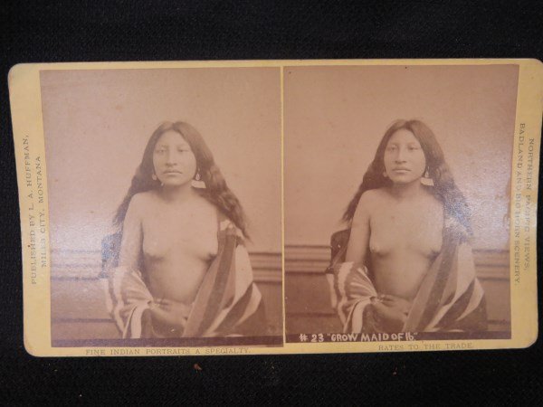 American Indian Nude Stereoview Card "Crow Maid of 16": "Crow Maid of 16" Miles City, MT: L. A. Hoffman 4" x 6 1/4" steroview.Inv.559